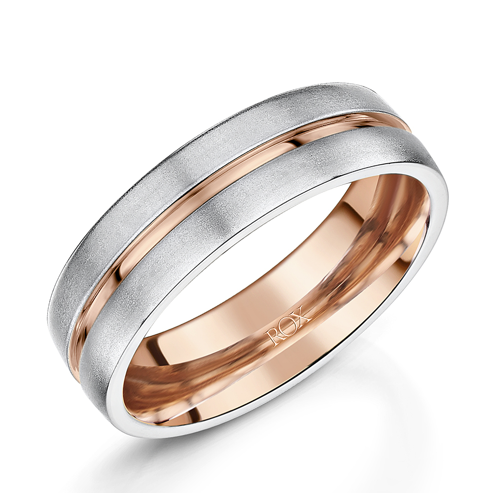 Handsome Platinum + Rose Gold + Damascus Steel Mens Wedding or Everyday Ring  - Emblem