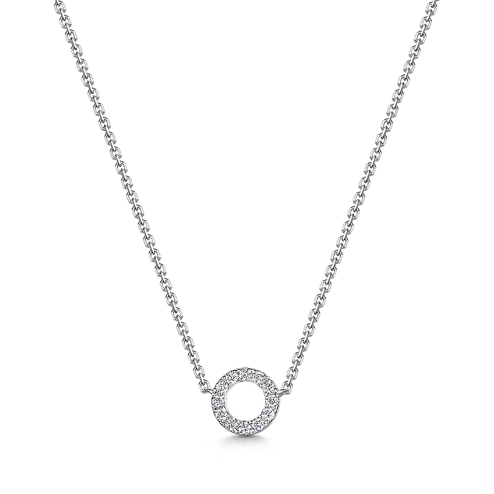 14K White Gold Circle Diamond Pendant Necklace Length 18