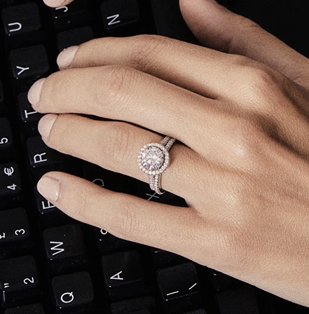  Diamond halo engagement ring with diamond encrusted wedding band