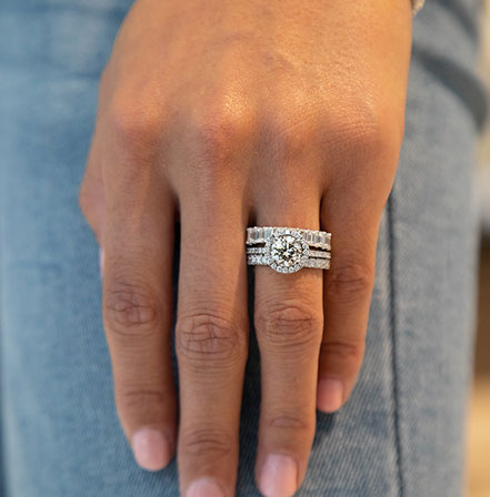  Diamond halo engagement ring with diamond encrusted wedding band