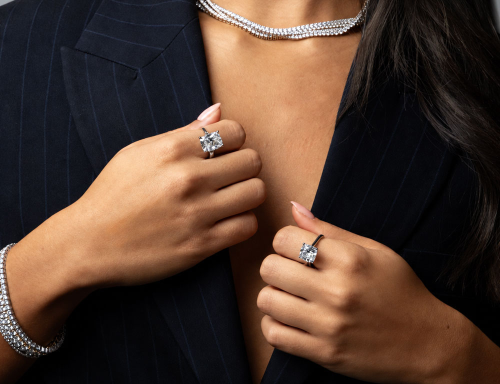 woman wearing diamond engagement ring